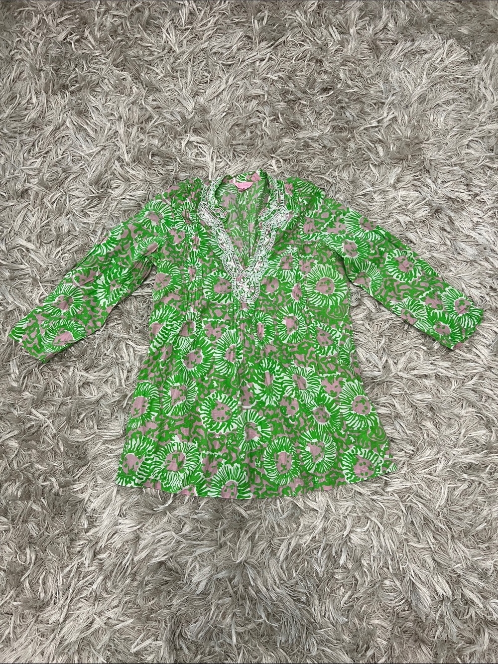 Lilly Pulitzer Green Floral V-Neck Cover Up with Pink Accents